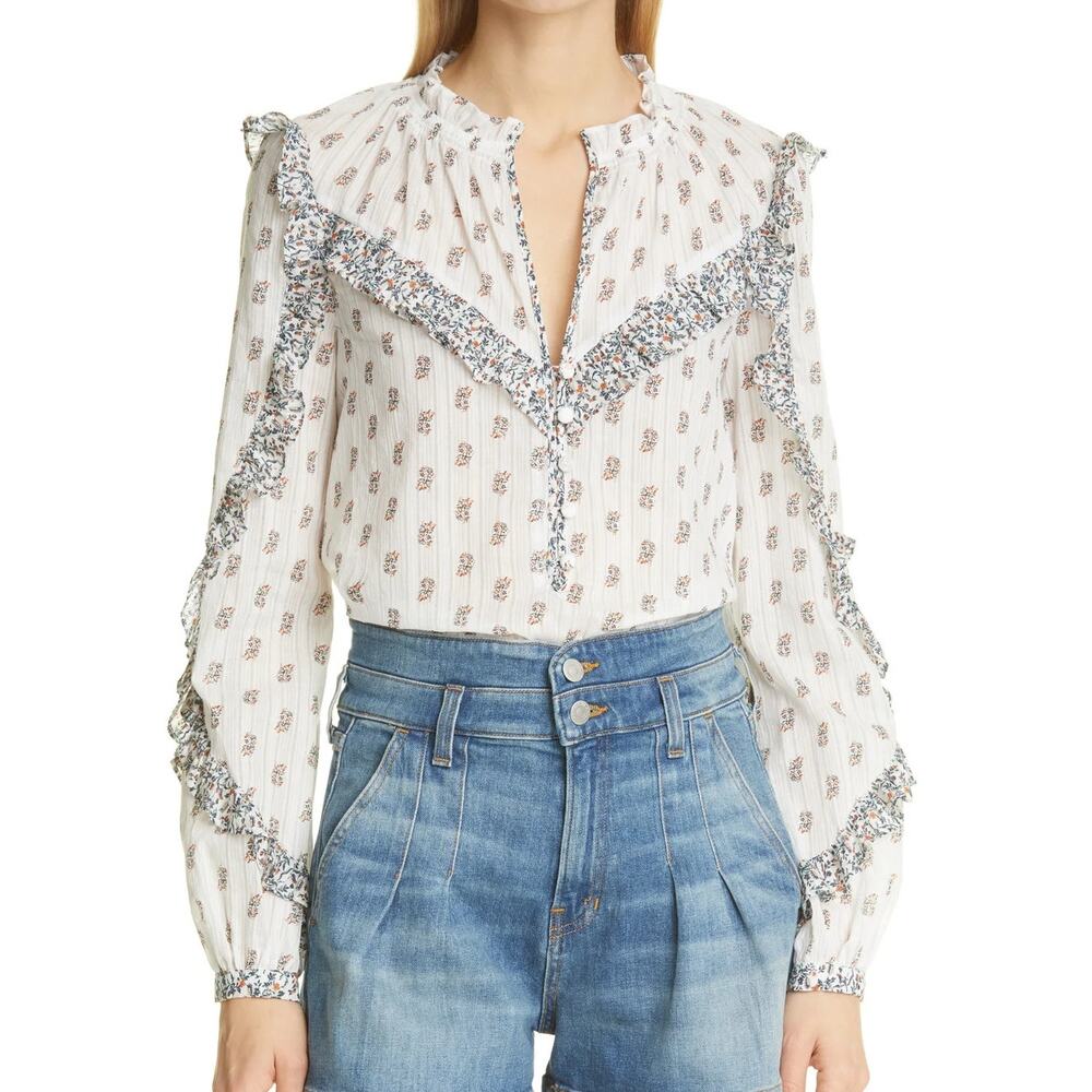 Veronica Beard Abra White Block-Print Floral Tie-Neck Cotton Blouse Women's 2
